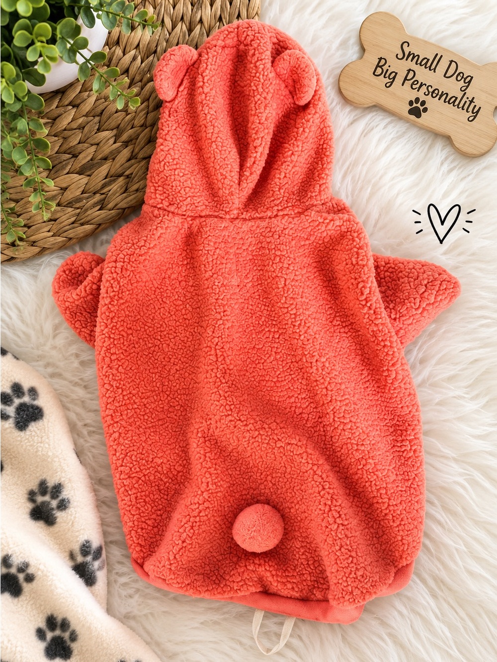 Cozy Coral Teddy Fleece Dog Hoodie with Ears and Tail